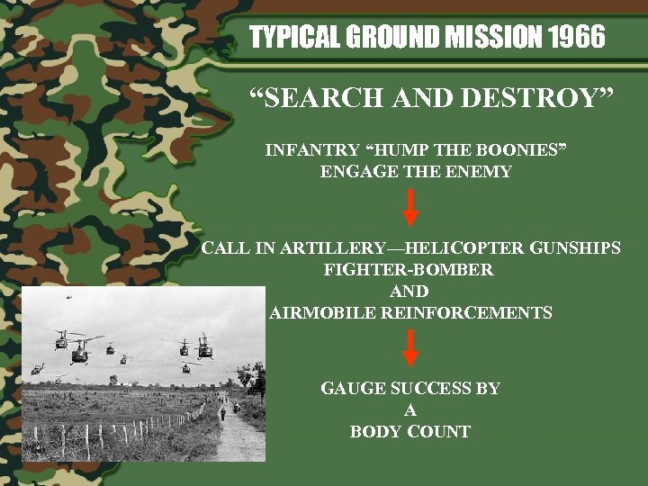 TYPICAL GROUND MISSION 1966 “SEARCH AND DESTROY” INFANTRY “HUMP THE BOONIES” ENGAGE THE ENEMY