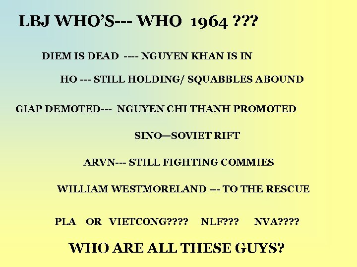 LBJ WHO’S--- WHO 1964 ? ? ? DIEM IS DEAD ---- NGUYEN KHAN IS