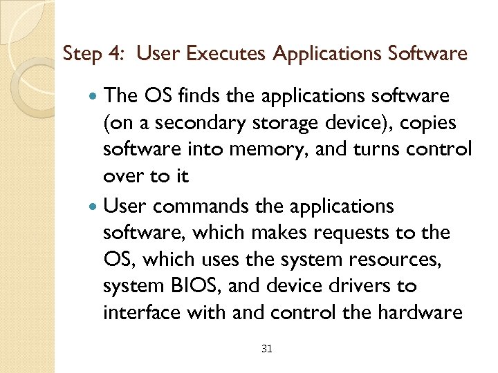 Step 4: User Executes Applications Software The OS finds the applications software (on a