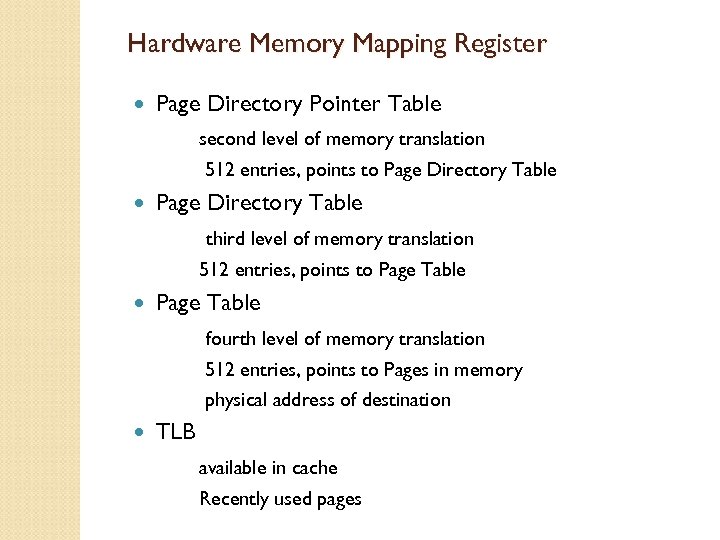 Hardware Memory Mapping Register Page Directory Pointer Table second level of memory translation 512