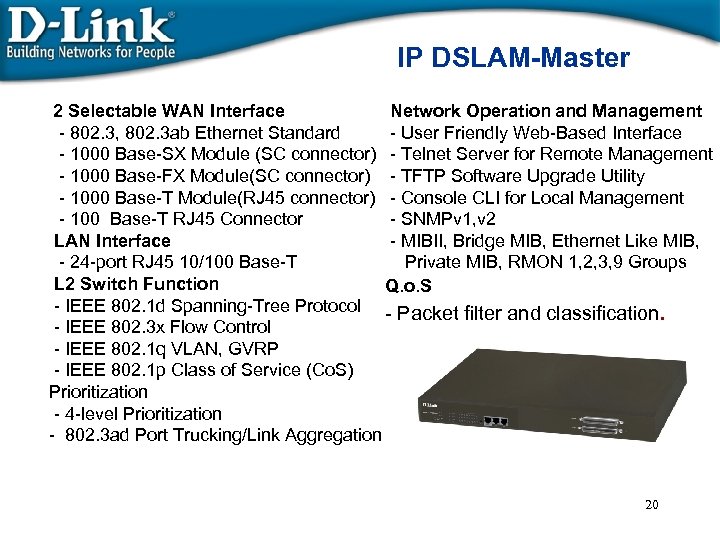 IP DSLAM-Master 2 Selectable WAN Interface Network Operation and Management - 802. 3, 802.