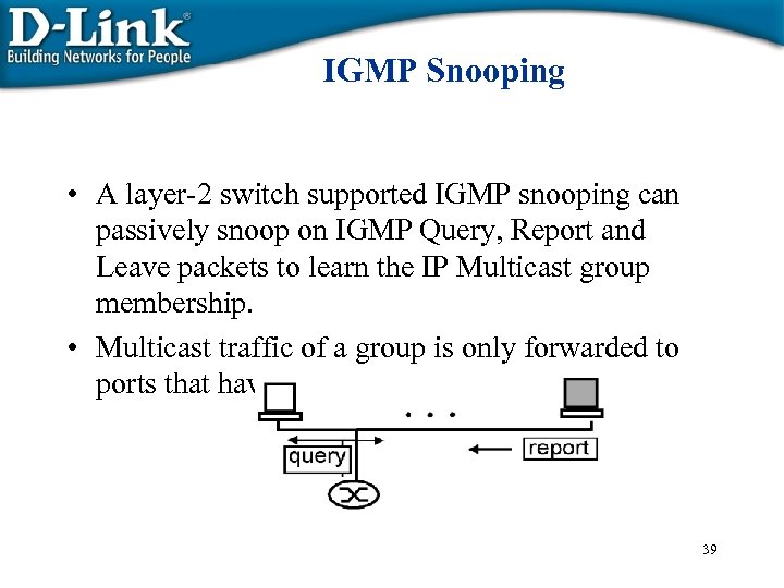 IGMP Snooping • A layer-2 switch supported IGMP snooping can passively snoop on IGMP
