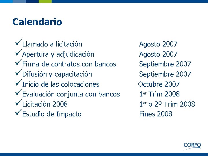 Calendario üLlamado a licitación üApertura y adjudicación üFirma de contratos con bancos üDifusión y