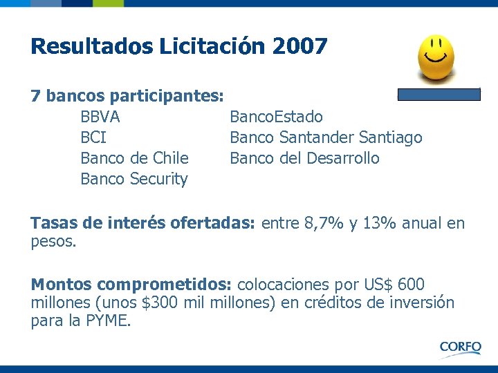 Resultados Licitación 2007 7 bancos participantes: BBVA Banco. Estado BCI Banco Santander Santiago Banco