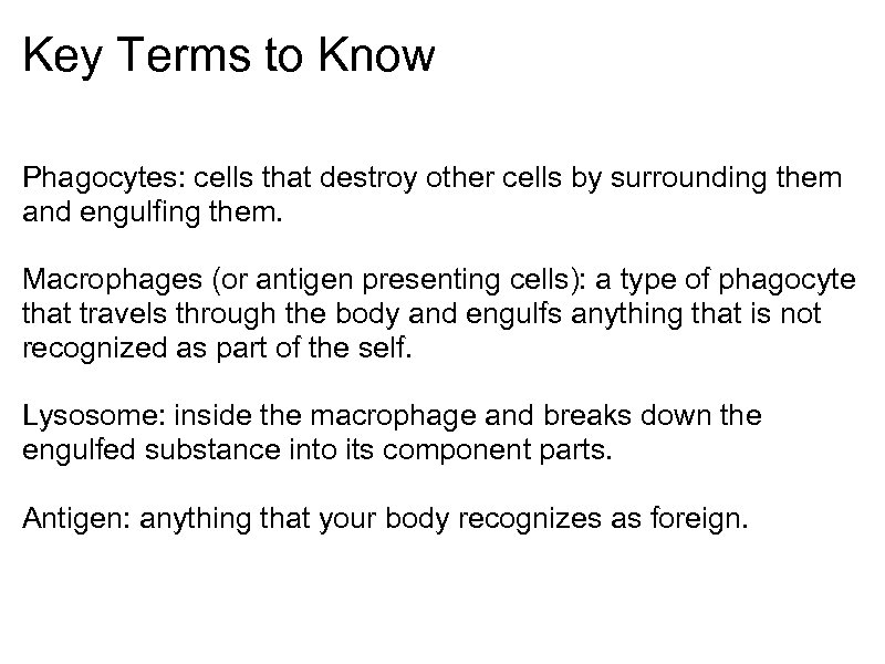Key Terms to Know Phagocytes: cells that destroy other cells by surrounding them and