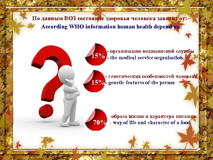 По данным ВОЗ состояние здоровья человека зависит от: According WHO information human health depend