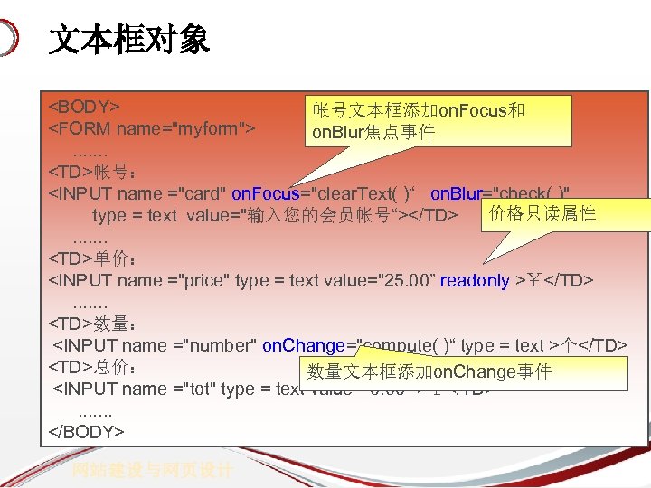 文本框对象 <BODY> 帐号文本框添加on. Focus和 <FORM name="myform"> on. Blur焦点事件. . . . <TD>帐号： <INPUT name