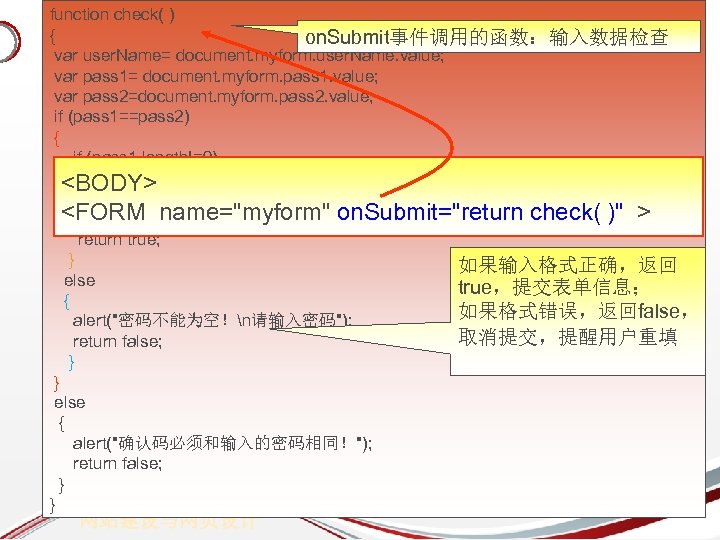 function check( ) { on. Submit事件调用的函数：输入数据检查 var user. Name= document. myform. user. Name. value;