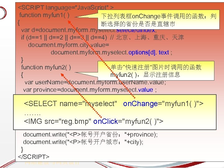<SCRIPT language="Java. Script" > function myfun 1( ) 下拉列表框on. Change事件调用的函数：判 { 断选择的省份是否是直辖市 var d=document.