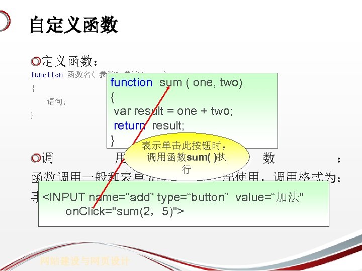 自定义函数： function 函数名( 参数 1, 参数 2，… ) { 语句; } function sum (