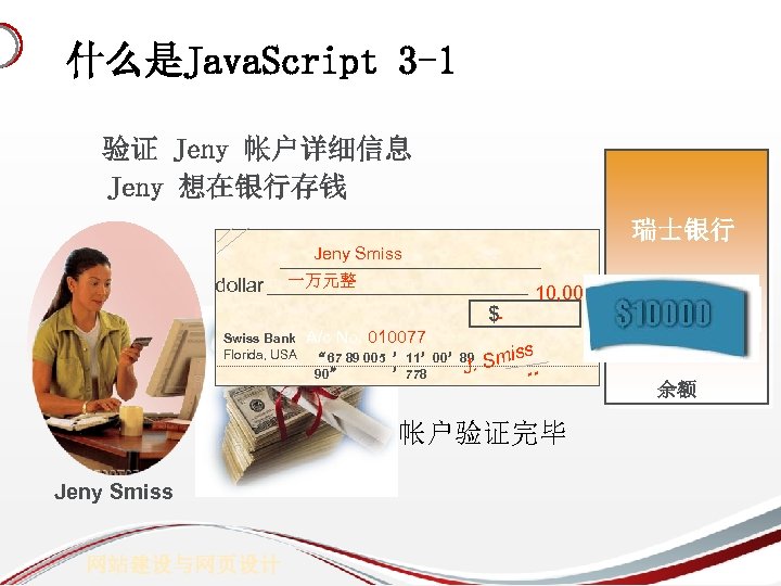 什么是Java. Script 3 -1 验证 Jeny 帐户详细信息 Jeny 想在银行存钱 瑞士银行 Jeny Smiss dollar 一万元整
