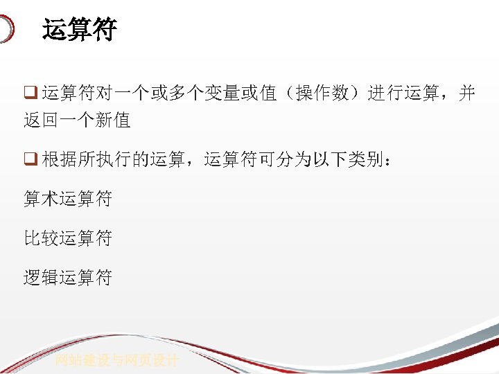 运算符 q 运算符对一个或多个变量或值（操作数）进行运算，并 返回一个新值 q 根据所执行的运算，运算符可分为以下类别： 算术运算符 比较运算符 逻辑运算符 网站建设与网页设计 