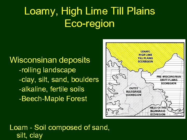 Loamy, High Lime Till Plains Eco-region Wisconsinan deposits -rolling landscape -clay, silt, sand, boulders