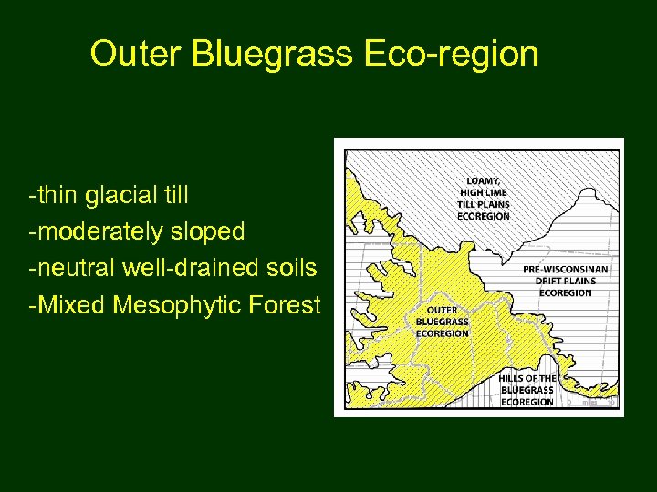 Outer Bluegrass Eco-region -thin glacial till -moderately sloped -neutral well-drained soils -Mixed Mesophytic Forest