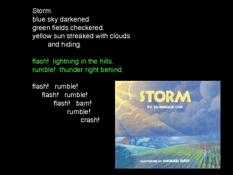 Storm. blue sky darkened. green fields checkered. yellow sun streaked with clouds and hiding.