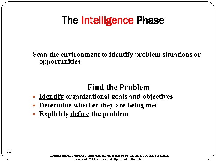 The Intelligence Phase Scan the environment to identify problem situations or opportunities Find the