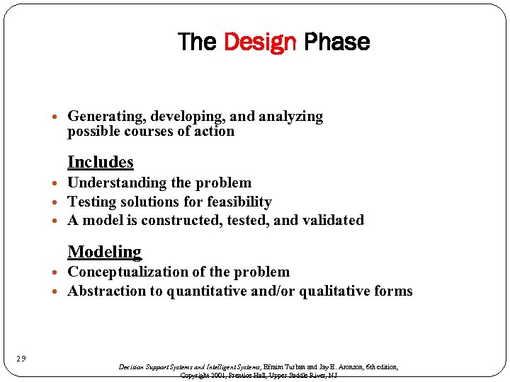 The Design Phase Generating, developing, and analyzing possible courses of action Includes Understanding the