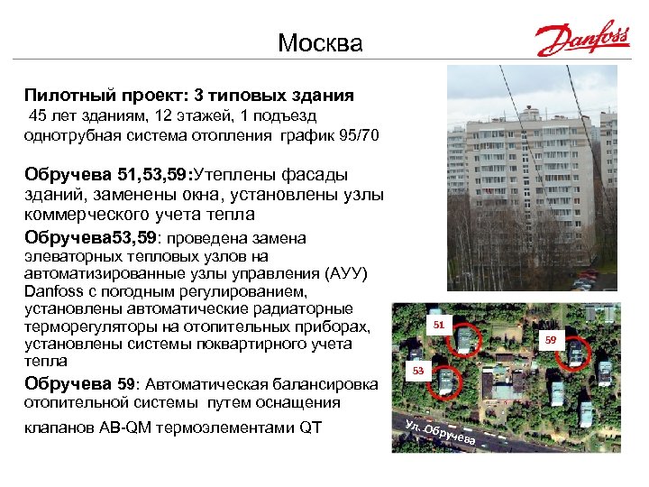 Москва Пилотный проект: 3 типовых здания 45 лет зданиям, 12 этажей, 1 подъезд однотрубная