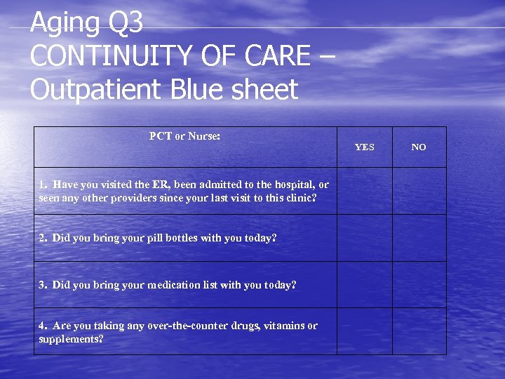Aging Q 3 CONTINUITY OF CARE – Outpatient Blue sheet PCT or Nurse: 1.