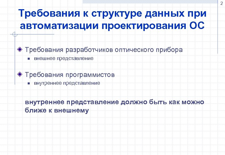 2 Требования к структуре данных при автоматизации проектирования ОС Требования разработчиков оптического прибора n