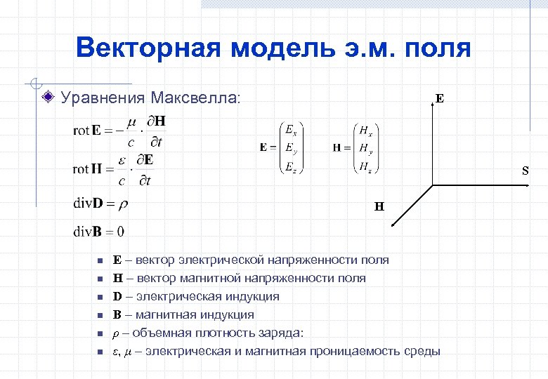 Векторная модель э. м. поля Уравнения Максвелла: E S H n n n E