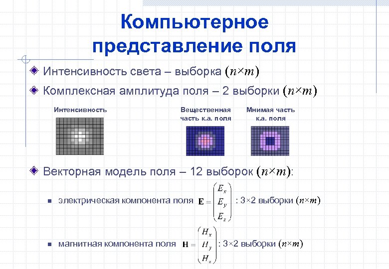 Компьютерное представление поля Интенсивность света – выборка (n×m) Комплексная амплитуда поля – 2 выборки