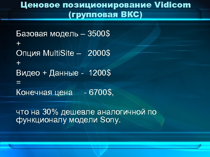 Ценовое позиционирование Vidicom (групповая ВКС) Базовая модель – 3500$ + Опция Multi. Site –