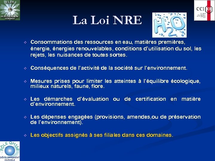 La Loi NRE v Consommations des ressources en eau, matières premières, énergie, énergies renouvelables,