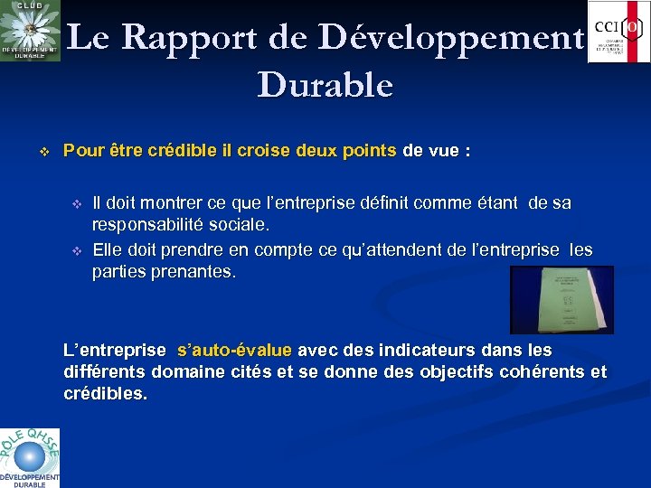 Le Rapport de Développement Durable v Pour être crédible il croise deux points de