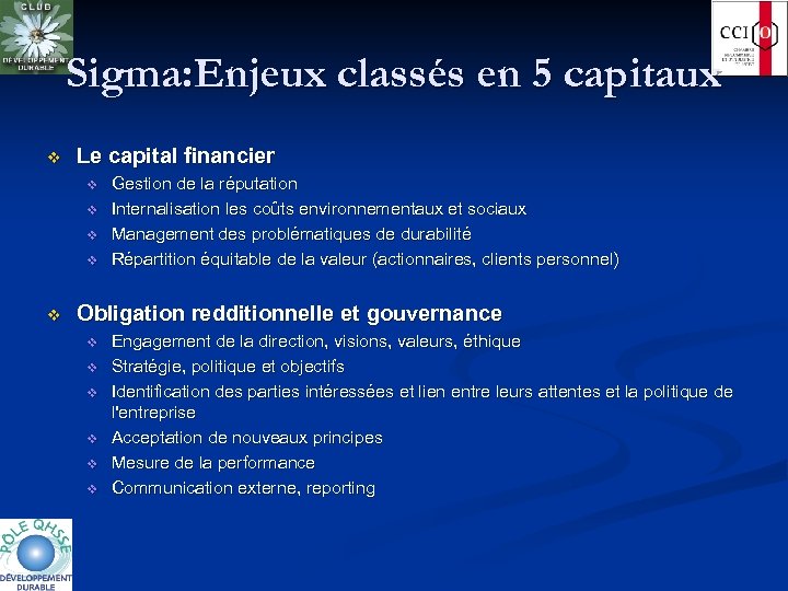 Sigma: Enjeux classés en 5 capitaux v Le capital financier v v v Gestion