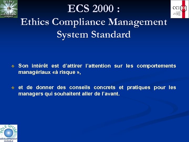 ECS 2000 : Ethics Compliance Management System Standard v Son intérêt est d’attirer l’attention