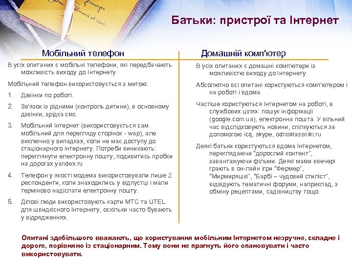 Батьки: пристрої та Інтернет Мобільний телефон Домашній комп'ютер В усіх опитаних є мобільні телефони,