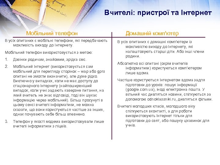 Вчителі: пристрої та Інтернет Мобільний телефон В усіх опитаних є мобільні телефони, які передбачають