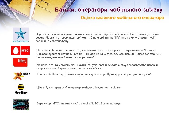Батьки: оператори мобільного зв'язку Оцінка власного мобільного оператора Перший мобільний оператор, найякісніший, але й
