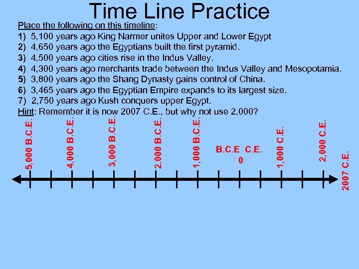 Time Line Practice Place the following on this timeline: 2007 C. E. 2, 000