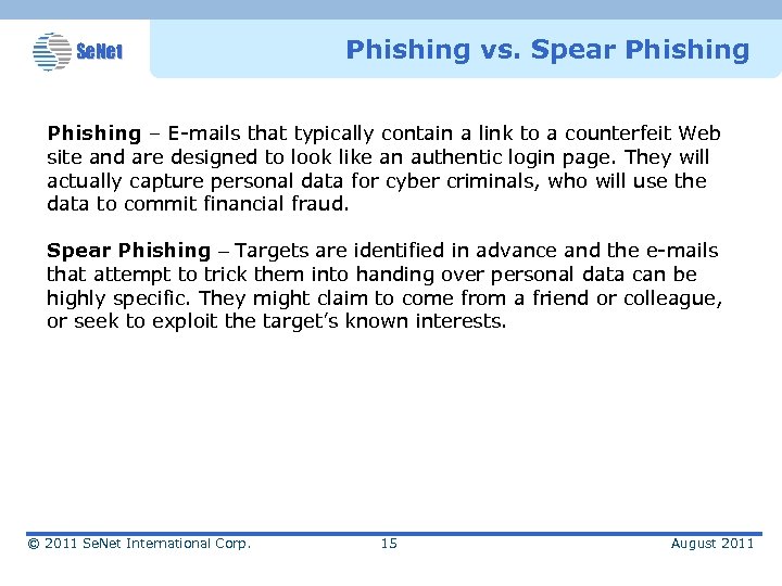 Se. Net Phishing vs. Spear Phishing – E-mails that typically contain a link to