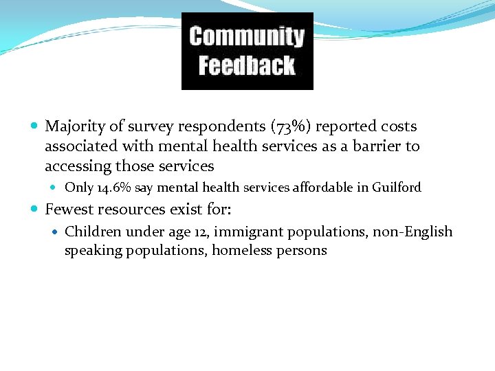  Majority of survey respondents (73%) reported costs associated with mental health services as