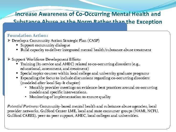 Increase Awareness of Co-Occurring Mental Health and Substance Abuse as the Norm Rather than