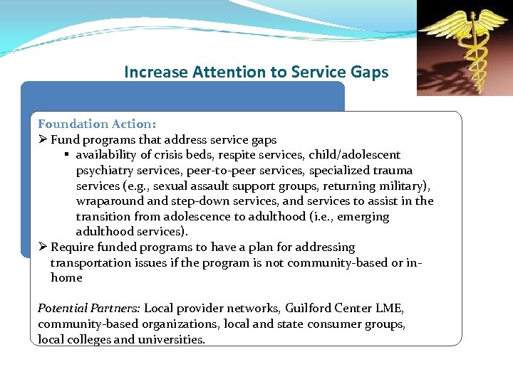 Increase Attention to Service Gaps Foundation Action: Ø Fund programs that address service gaps