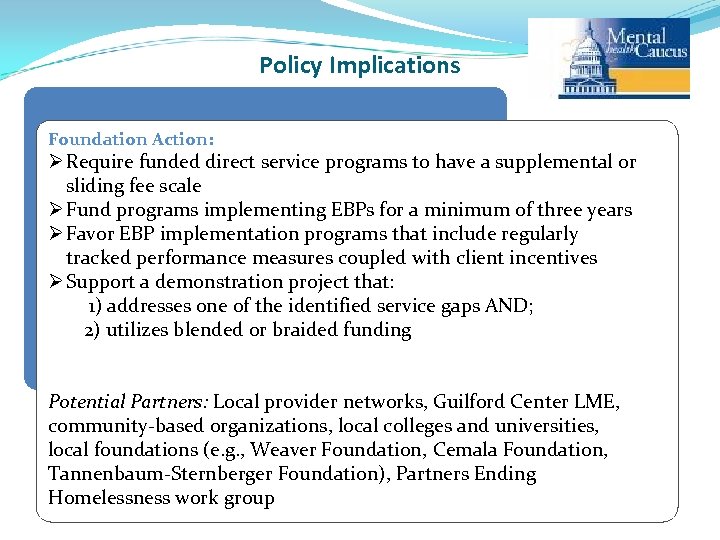 Policy Implications Foundation Action: Ø Require funded direct service programs to have a supplemental