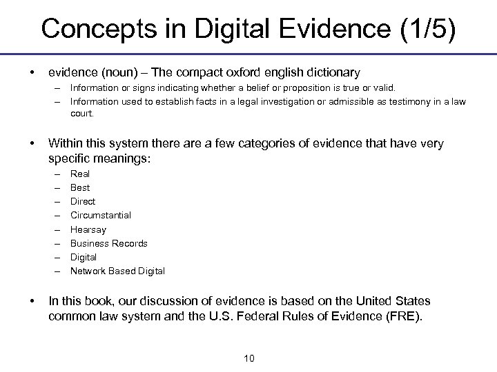 Concepts in Digital Evidence (1/5) • evidence (noun) – The compact oxford english dictionary