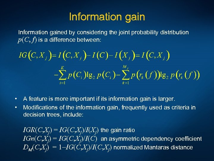 Information gained by considering the joint probability distribution p(C, f) is a difference between: