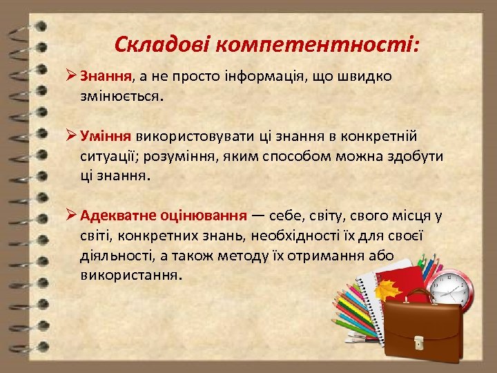 Складові компетентності: Ø Знання, а не просто інформація, що швидко змінюється. Ø Уміння використовувати