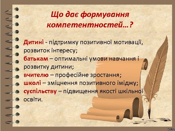 Що дає формування компетентностей…? Дитині підтримку позитивної мотивації, розвиток підтримку позитивної мотивації, Дитині інтересу;
