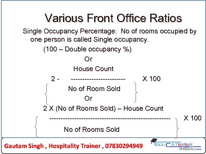 Various Front Office Ratios Single Occupancy Percentage: No of rooms occupied by one person