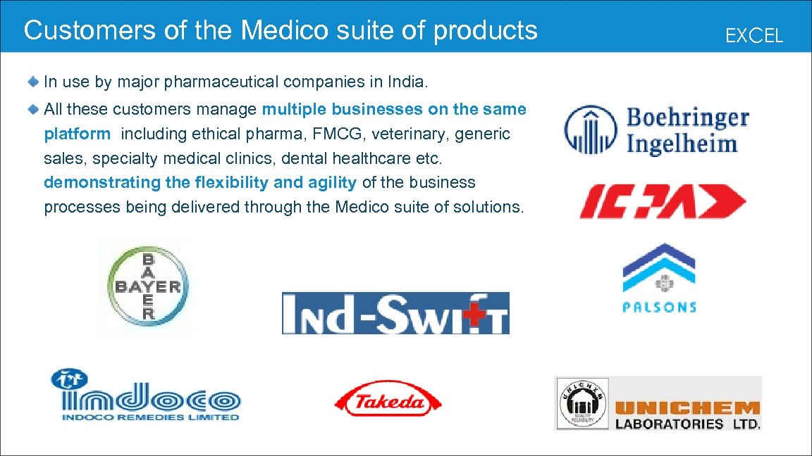 Customers of the Medico suite of products In use by major pharmaceutical companies in
