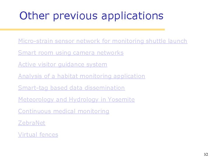 Other previous applications Micro-strain sensor network for monitoring shuttle launch Smart room using camera