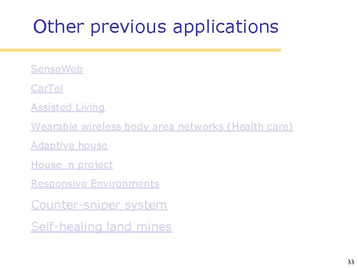Other previous applications Sense. Web Car. Tel Assisted Living Wearable wireless body area networks
