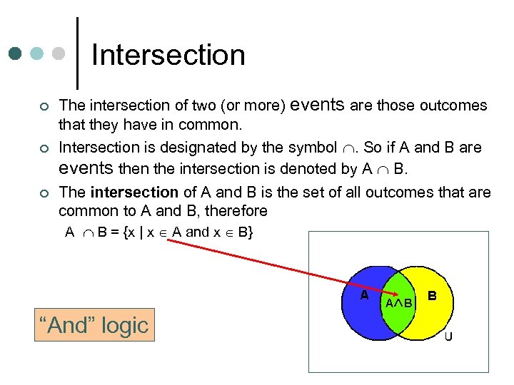 Intersection ¢ ¢ ¢ The intersection of two (or more) events are those outcomes