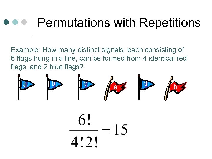 Permutations with Repetitions Example: How many distinct signals, each consisting of 6 flags hung